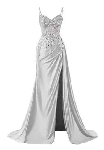 Sexy Beaded Silver Prom Dresses Long with Slit Spaghetti Strap Lace Applique Satin Mermaid Prom Dresses for Women Size 4