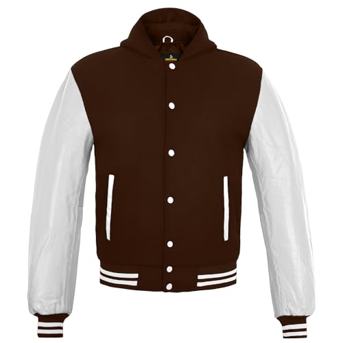 Image of Deckra Men's Varsity Jacket Genuine Leather Sleeve and Wool Blend Letterman Boys College Varsity Jackets with Hood XXS-5XL
