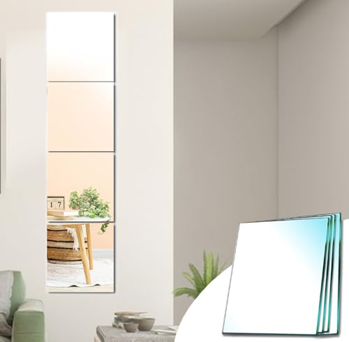 DYLISEA Self Adhesive Mirror Tiles Glass 30x30cm 4 Pack Stick On Full Length Mirrors Sticky Wall Mirror Long Wall Mirrors for Bedroom Living Room Hallway Wardrobe Doors Home Decoration