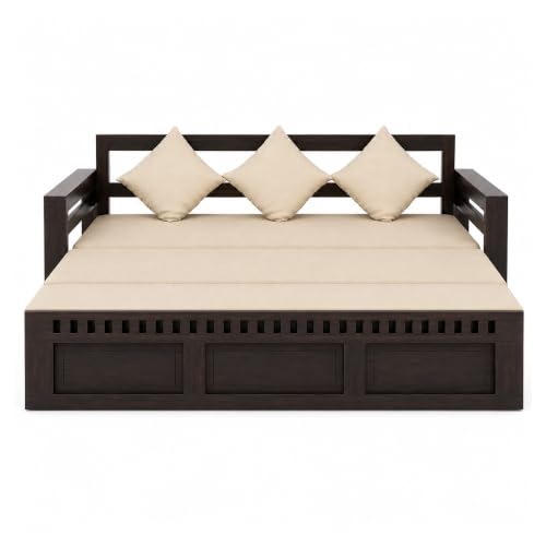 Image of SONA ART & CRAFTS Kuber Sheesham Wood Sofa Cum Bed 3 Seater with Storage and Side Pockets for Living Room Organizer Furniture Sofa Bed Home, Bedroom (Walnut Finish)