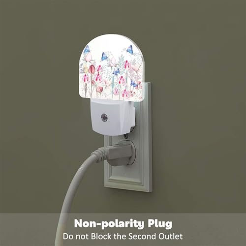 Image of Pink Tulip Flowers and Butterflies Night Light Plug into Wall,Watercolor Spring Floral Dusk to Dawn Night Light Plug in,0.5w Energy Saving Sleep Friendly NightLight for Kids Boys Girls Home Decor