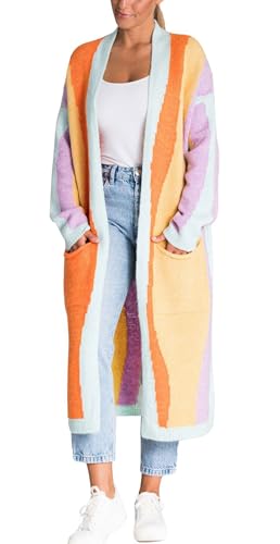 Image of chouyatou Women's Fall Open Front Color Block Long Cardigan Sweater Coat Casual Vertical Striped Coatigan