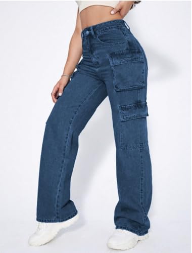Image of Ben Martin Women's High Rise Cargo Pants || Denim Cargo's Pants || Oversized-Jeans|| Loose Jeans Pant,S
