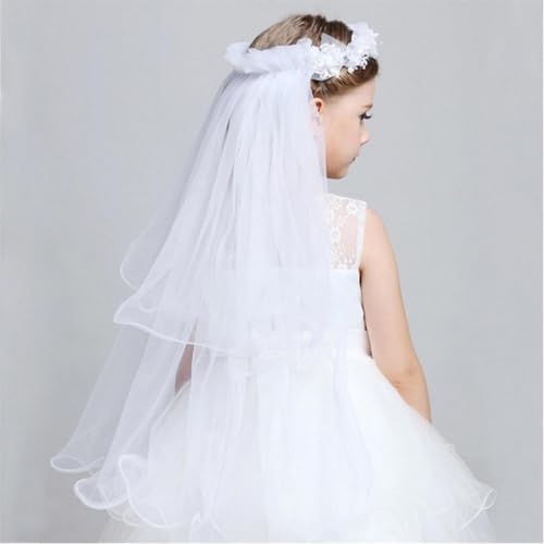 Elegant First Communion Veils Lace Wedding Veil Two Layers for Girls Perfect Accessory for Sacred Ceremony,White4