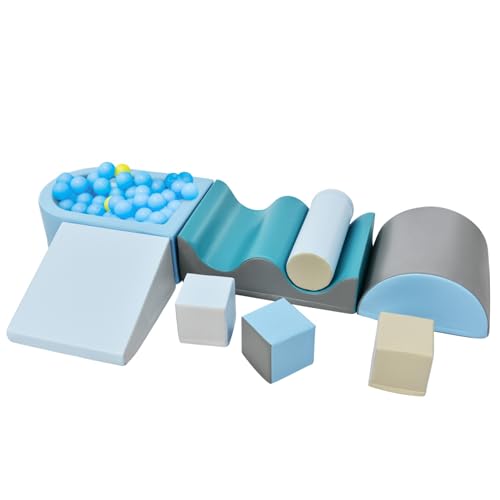 Spielbausteine Set mit Rutsche Wellenbogen Kletterwürfel Halbzylinder Bällebad Lernspielzeug Motorikspielzeug Indoor Krabbelspaß Turnspielzeug Vorschule Kinderzimmer Aktivspiel Set