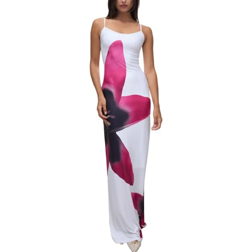 Image of Womens Summer Casual Floral Dresses Spaghetti Strap Bodycon Maxi Beach Dress Elegant Evening Party Long Dresses