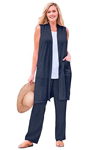 Woman Within Women's Plus Size Lightweight Linen Vest - 18/20, Navy Red #TOP14