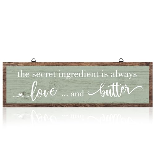 Jetec The Secret Ingredient Is Always Love and Butter Sign Funny Wood Kitchen Sign Funny Farmhouse Wall Decor Rustic Kitchen Wall Decoration, 15.7 x 4.7 Inch(Green)