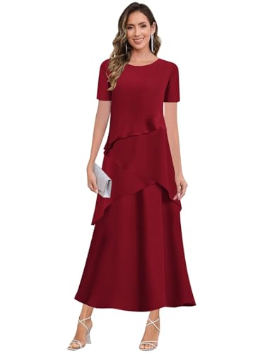 Modest Mother of The Bride Dresses with Sleeve Tiered Chiffon Wedding Guest Dress with Pockets