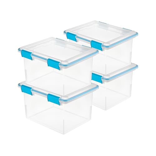 Image of Sterilite 32 Qt Gasket Box, Stackable Storage Bin with Latching Lid and Tight Seal, Plastic Container to Organize Basement, Clear Base and Lid, 4-Pack | Heavy-Duty, Stackable, and Organizing Containers for Bathroom, Cabinet, Closet, and Garage, Clear and Blue Aquarium Latches