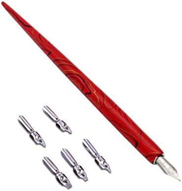 Wooden Calligraphy Dip Pen, Wood English Calligraphy Pen Copperplate Script Oblique Dip Pen Holder with 5 Different Nibs, Red