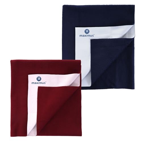 Image of Maximus Waterproof Quick Dry Sheet for Baby Pack of 2 | Bed Pad Extra Absorbent Washable Matress Protector | Baby Bed Protector Sheet for Toddler Children (100x70 cm) (NBLUE and Maroon, Medium)