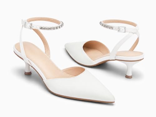 Coutgo Womens Low Kitten Heels Closed Pointed Toe Pumps Rhinestone Ankle Strap Wedding Party Dress Shoes, White, Size 10 by Coutgo - Used condition - Image 3