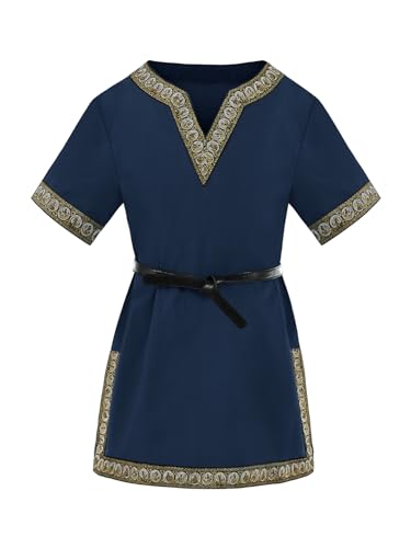 Haloumoning Túnica medieval para niños, camisetas de cosplay para niños, disfraz, Halloween, renacentista, vikingo, guerrero, camisetas de caballero, azul oscuro, 10-12 años