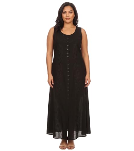 Image of Sakkas Maya Floral Embroidered Sleeveless Button Up Rayon Dress
