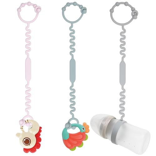 Image of Toy Tethers for Babies, Pacifier Holder Clip with Self-Adjusting Bayonet, Pure Silicone Material Without BPA; Can Be Used for Teethers, Feeding Bottles, Toys, Cribs, High Chairs(Pink+Gray+Dark Gray)