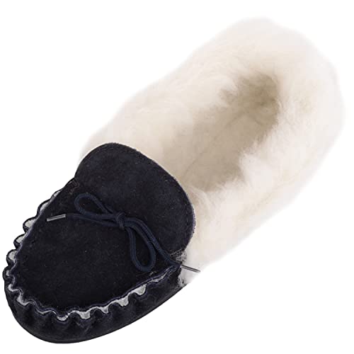 Image of ABSOLUTE FOOTWEAR Womens Slip On Sheepskin Suede Moccasins with Wool Cuff and Rubber Sole. Made in UK - Navy - UK 4