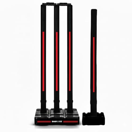 Image of Bodyfit Heavy Cricket Stumps | PVC Wickets Set with 4 Stumps + 2 Bails + 2 Stands | Full Size Wickets for Cricket Ground, Tournament Wicket. (Black-Red)