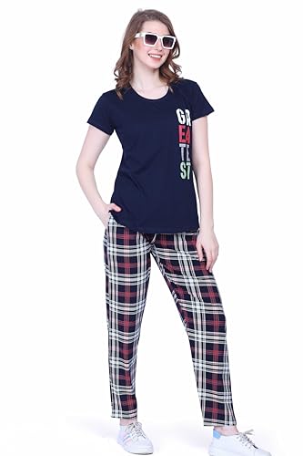 Image of Nightview Women's Cotton Checks Printed Night Suit Set of Top & pyajama Set