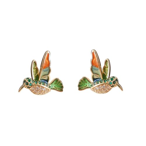 Crystal Hummingbird Earrings Stud Earrings Colorful Cute Animal Bird Flying Gold Plated Oil Painting Earring for Women S925 Sterling Silver Post Hypoallergenic