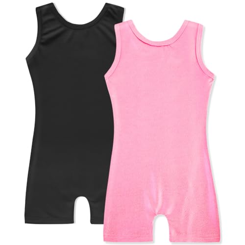 HOZIY 2 Pack Girls Gymnastics Leotards for Kids Toddlers Dance Outfits with Shorts Biketards Tumbling Clothes Sparkly 1-2T Black+pink