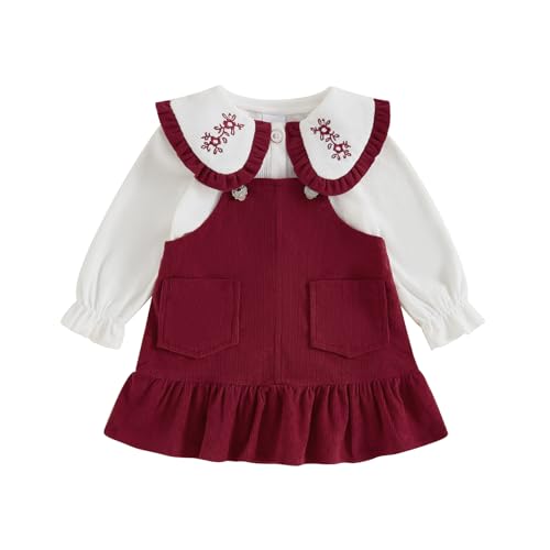 Emmababy Baby Girl Corduroy Suspender Dress Toddler Ruffle Shirt Long Sleeve Button Down Tops Straps Short Overall Dress Set