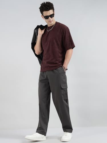 Image of Veirdo Pure Cotton Baggy Fit Regular Length Mid Rise 4 Pocket Cargos for Men (Colors: Black, Olive, Grey, Brown & Navy)