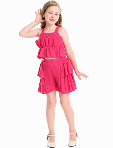 Image of Cute Toddler Girls Two Piece Short Sets Ruffle Sleeveless Top and Elastic Waistband Short Sets