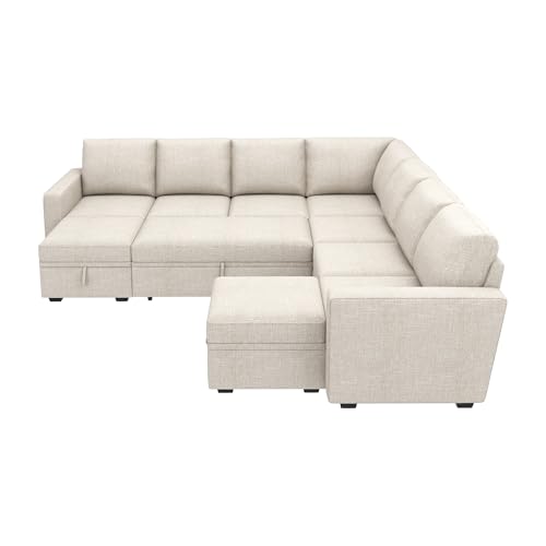 Image of HONBAY Modular Sectional Sleeper Sofa with Pull Out Couch, Oversized U Shaped Sleeper Pull Out Bed with Storage Sectional Couches for Living Room - Beige