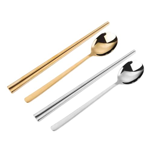Imagen de Homoyoyo 2 juegos Palillos y Cucharas Coreanos de Acero Inoxidable Diseño Plano y Mango Vajilla Resistente y Moderna para Cocina y Restaurante