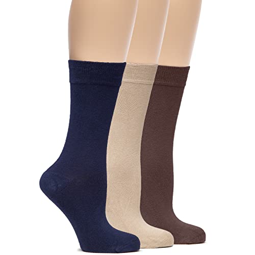 Hugh Ugoli Womens Soft Bamboo Dress Socks, Thin Crew Socks For Business, Trouser & Casual, Non-Binding, 3 Pairs, N Blue/Beige/Brown, Shoe Size: 9-12 #TOP5