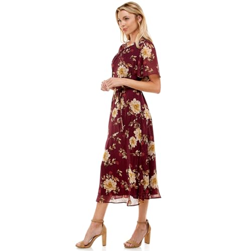 june & hudson Wine Chiffon Midi Dress with Floral Taupe Pattern, Short Flutter Sleeves, Burgundy A-Line Dress, Tie Neck4