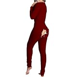 QIGUANDZ Womens Sexy Butt Flap Pjs Jumpsuit Button Deep V Neck Onesie Pajamas Comfy Soft One Piece Bodysuit Solid Sleepwear Wine
