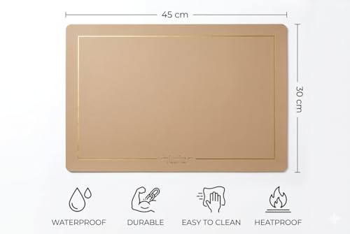 Image of Dribble Premium PU Leather Placemats Set of 4, Double Layer Waterproof Heat Resistant, Non-Slip Easy Clean Dining Table Mats for Kitchen, Dining & Office Desk, Reversible & Smooth Finish (Light Beige)