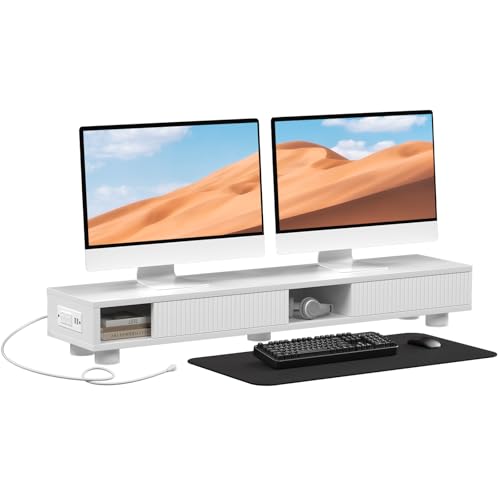 Artswish - Elevador de monitor dual blanco con toma de corriente, soporte de monitor de 2 niveles con cajón, soporte de monitor de computadora con 2 pies ajustables, estante de computadora de 42.4