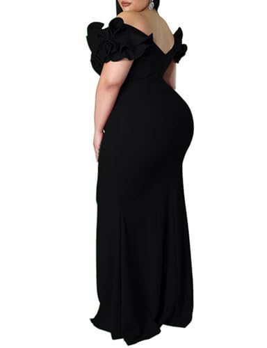 Image of Ekaliy Women's Plus Size Maxi Dress Elegant V-Neck Ruffle Sleeves Bodycon Mermaid Evening Gown