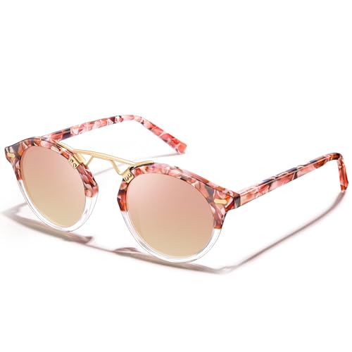 Image of CARFIA Small Face Acetate Polarized Sunglasses for Women UV Protection, Retro Double Bridge Eyewears Metal Brow Round Sunnies