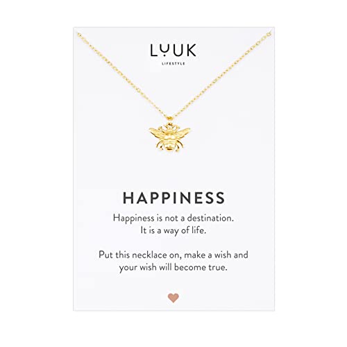LUUK LIFESTYLE Filigree necklace with queen bee pendant and HAPPINESS card stainless steel gift idea for women simple and delicate style trendy fashion jewelry solid friendship chain gold