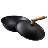 Hxankit Wok antiadherente de acero al carbono ligero de alta calidad, sartenes de 12 pulgadas con tapa, sartén de wok pre-sazonado con fondo plano, utensilios de cocina multifuncionales, wok chino
