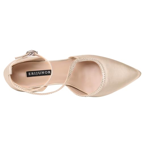 ERIJUNOR Women Comfortable Mid Heel Ankle Strappy Dress Pumps Pointed Toe Satin Wedding Evening Party Shoes3