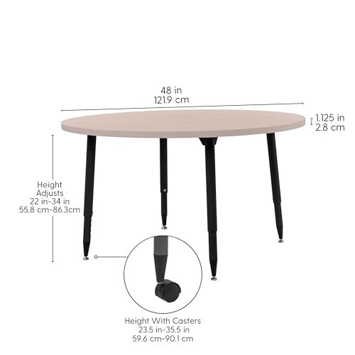 Image of Adapte Commercial Classroom Activity Table - 48 inch Round Woodgrain, ADA Compliant Tapered Legs with Glides & Casters, Adjustable Height 22-34 inch Wheelchair Accessible, School & Office Furniture