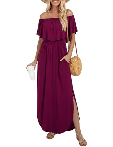 Image of LILBETTER Womens Off The Shoulder Ruffle Party Dresses Side Split Beach Maxi Dress