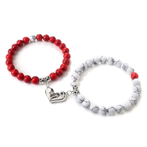 Bracelet de perle 8 mm en pierres naturelles de 17cm avec charms cœur pour femme et homme