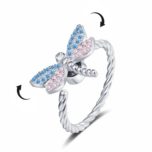 Cute Dragonfly Spinner Fidget Ring for Women Fashion Chic Statement Crystal Cubic Zirconia Pink Blue Anxiety Rotate Freely Inspirations Jewelry Adjustable Stacking Ring Dainty Engagement Gift Birthday
