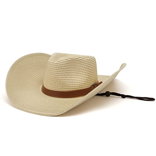 Chapeau de paille homme femme Panama beige avec lanière pour plage et jardin