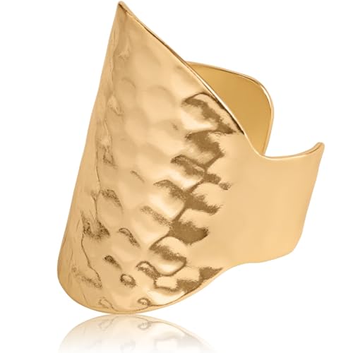 18K Gold or 925 Sterling Silver Plated Adjustable Hammered Ring for Women - Hypoallergenic Chunky Wide Band Rings for Women, Made in the USA