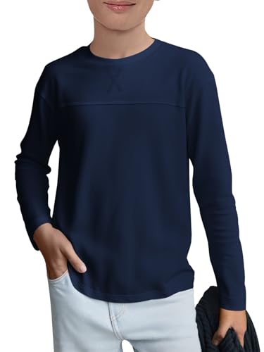 Haloumoning Kids Boys Casual T Shirts Long Sleeve Crewneck Loose Fit Tops Basic Tees 5-14 Years