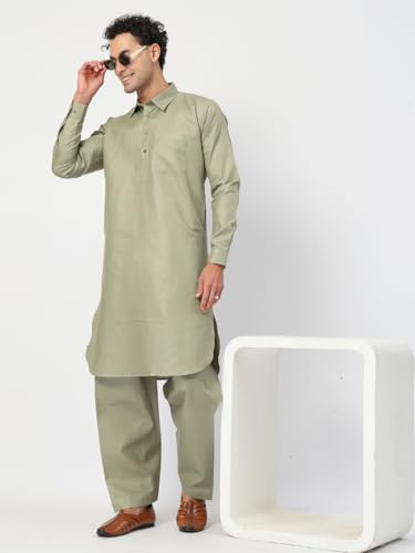 Image of Men's Traditional Pathani Kurta Salwar Set, Red, Long Sleeve, Collared Neck, Cotton Blend, Ethnic Wear