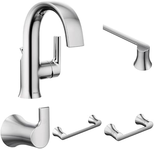 Moen Doux Chrome Bathroom Set - High Arc Laminar Stream Faucet with 24-Inch Towel Bar, Hand Towel Bar, Pivoting Toilet Paper Holder and Robe Hook