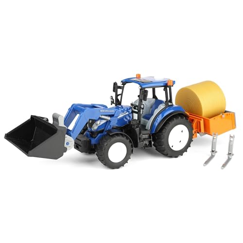 Bruder New Holland 09861 Powerstar T5.120 avec chargeur frontal, boîte de chargement, fourches et balles rondes